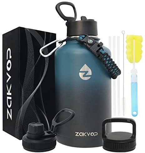 ZAKVOP Thermosflasche 2L mit Strohhalm,Trinkflasche Edelstahl mit 3 Deckeln | Paracord Griff,Doppelwandig Thermo Trinkflasche 2l,3 Deckeln,Thermoskanne mit Flaschenbürsten für Fitness,Sport,Camping