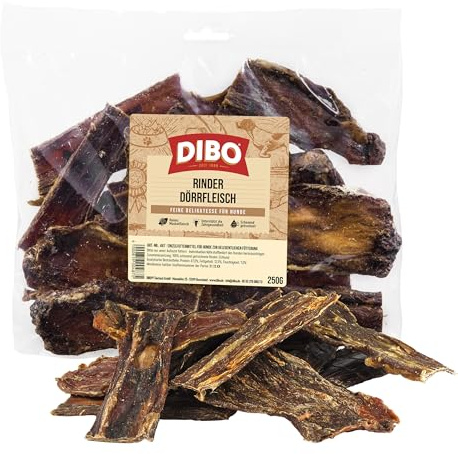 DIBO Rinder-Dörrfleisch, 250g-Beutel, Naturkau-Snack oder Leckerli für Zwischendurch, Hundefutter, Qualitätskauartikel ohne Chemie von DIBO