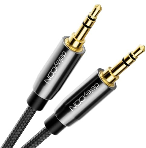 deleyCON 2m Stereo Audio Klinkenkabel mit Nylon‑Mantel - 3,5mm AUX Stecker auf 3,5mm Stecker - Vergoldete Kontakte - Schwarz