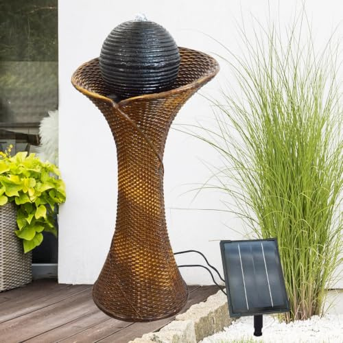 Gartenbrunnen Brunnen Zierbrunnen Zimmerbrunnen Springbrunnen Brunnen Wasserfall Wasserspiel für Garten, Gartenteich (Solarbrunnen Rattan-3 mit LED-Licht)