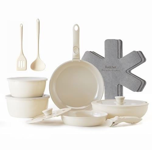 Redchef Topfsets Pfannenset 16-Teilig Antihaft-Keramik-Kochgeschirr-Set mit Abnehmbaren Griffen, Pfanne 20/26cm, Tiefe Bratpfanne 26cm, Topf 18/20cm, Stapelbar Topfset Für alle Herdarten, Ofenfest