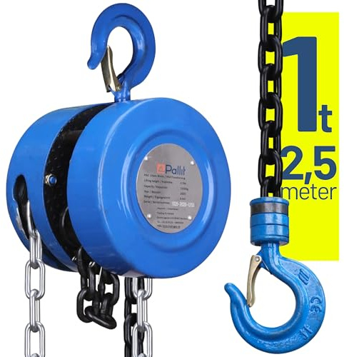 Pallit Kettenzug Flaschenzug 1000 kg Tragkraft mit 2,5 m langer Stahlkette Robuster Seilzug mit 360° drehbarer Haken, Mechanischer Lastbremse und Rücklaufsperre CHAIN-S