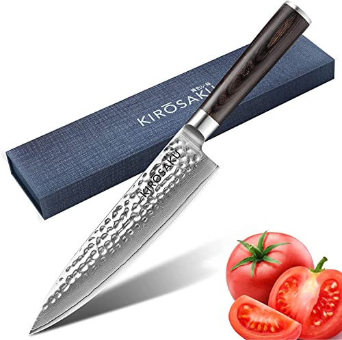 Kirosaku Japanisches Messer - 20cm Santoku Damast Küchenmesser aus 67 Schichten Damaststahl - Scharfes Profi Küchenmesser mit Ergonomischem Pakkaholz Griff - Kochmesser für Hobby- und Profiköche