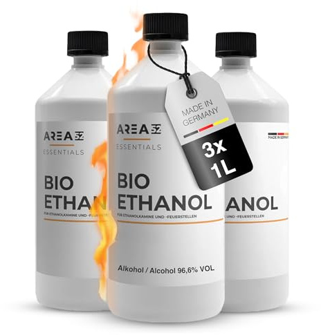 Area52 – Bioethanol 3x1L Set Ethanol – Reiner Ethylalkohol mit 96,6% Reinheitsgrad – Für Ethanolkamine, Tischkamine & Bioethanol-Feuerstellen – Geruchslos & rußfrei – Für Indoor & Outdoor (3 x 1L)