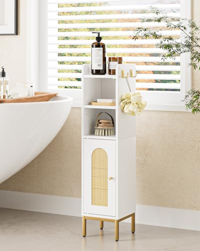 HEYZOEY Badezimmerschrank Schmal, freistehender Badschrank, hohe Badezimmerschränke mit Tür, schmaler Schrank für Badezimmer,Küche,Wohnzimmer,Schlafzimmer,Balkon oder Büro, Weiß Rattan