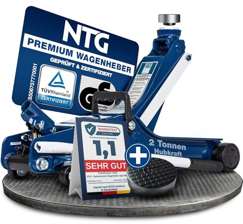NTG HYDRAULISCHER WAGENHEBER 2T – TÜV-zertifizierter Flacher Rangierwagenheber für PKW & tiefergelegte Fahrzeuge – 85–375 mm Hubhöhe – Wagenheber Hydraulisch mit 2.000 kg Tragkraft und Gummiauflage