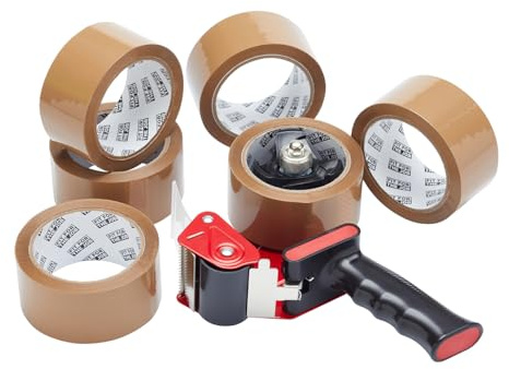 Fit For The Job Klebebandabroller mit 6 Rollen braunem Verpackungsklebeband - Ideal zum Verpacken von zerbrechlichem Klebeband, robuster Klebebandabroller zum Versiegeln und Verpacken