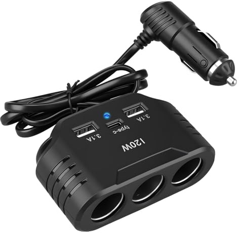 120W Zigarettenanzünder Verteiler 12V 24V, KFZ Ladegerät Auto Adapter mit 3 Steckdosen 2 USB-A Anschlüssen 1 Type C Anschlüsse, Cigarette Lighter Socket mit LED für Handy GPS Dashcam Sitzheizung