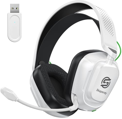 Skapendy 2,4GHz Wireless Gaming Headset für PS5, PS4, Switch, Mac, PC, Ultra-Niedriglatenz, 50+ Std. Batterie, Stereo Sound Bluetooth Gaming Kopfhörer mit Noise-Canceling Mikrofon, Helles Schwarz Weiß