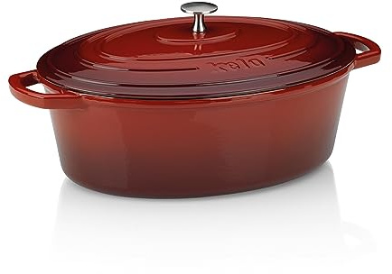 Kela 11942 Bräter mit Deckel, Gusseisen, Emaille-Beschichtung, Hohe Wärmespeicherung, Induktionsgeeignet, 6 L, Rot, Oval, Calido