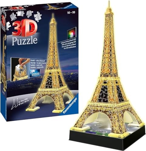Ravensburger 3D Puzzle 12579 - Der Eiffelturm Night Edition - das weltbekannte Wahrzeichen von Paris - LED beleuchtetes 3D Modell zum selbst Aufbauen - ab 10 Jahren
