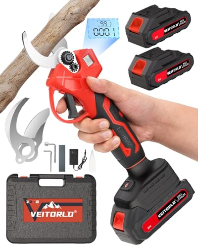 Veitorld Akku Astschere, 30MM Gartenschere mit 2 Akku 2000mAh, 1000W Bürstenloser Motor Bypass Baumschere, Elektrisch Garten Schere mit LED-Schnittzählerm -Geschenke für Männer Papa Mama Frauen