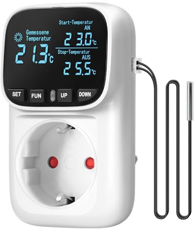 WILAWELS Deutscher Temperaturregler, Steckdose 230V mit Fühler,4 Zeitmodi | Weiße Thermostat Steckdose, Temperaturschalter, Steckdosenthermostat für Heizung, Gewächshaus, Ventilator, Wasserkocher