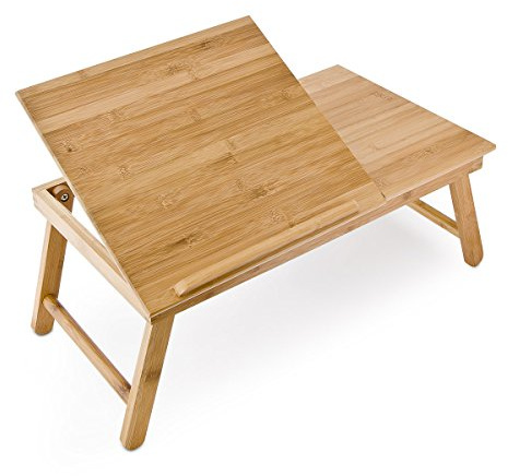 Relaxdays Laptoptisch aus Bambus HBT: 24 x 55 x 33 cm Beistelltisch mit praktischem Fach für Stifte oder Notizen verstellbarer Computertisch als Knietisch und Betttisch Notebooktisch aus Holz, natur