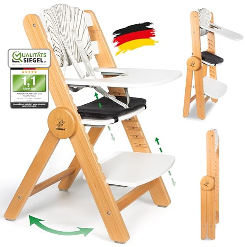 ZWERGHELD® Premium Kinderhochstuhl ZS3 Set - mitwachsend klappbar verstellbar, Hochstuhl Baby ab 6 Monaten bis 90kg belastbar, mit Essbrett - Treppenhochstuhl Kinderstuhl Holz High Chair (natur)