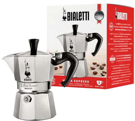 Bialetti Moka Express Aluminium-Kaffeemaschine für Herdplatten (2 Tassen), 90 milliliters, Silber/Schwarz, 8 x 11 x 11 cm