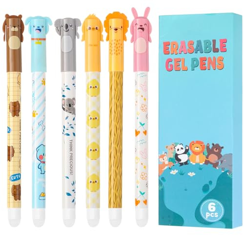 Thboxes Radierbare Gelstifte, 6Er Set, 0,5 Mm, Tiermotive, Schwarz/Blau | Radierbare Tinte, 3 Schwarze & 3 Blaue Stifte, Schnelltrocknend, 3D-Tierkappe, Für Schule, Büro & Zuhause