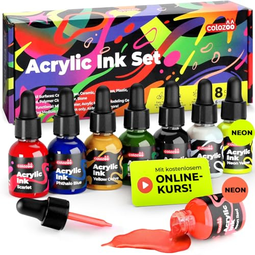 Colozoo 8x20ml Acrylic Ink Set, Permanent, Wasserfeste, Acryltinte inklusive 6 Primärfarben & 2 Neon Farben, Flüssige Acrylfarbe für Airbrush, Gießkunst, Acrylmedium, Acryl Ink für Alle Oberflächen