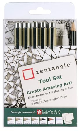 SAKURA Zentangle Fineliner Tool Set - 12 Teile - Inklusive Pigma Micron & Graphic Pen, Graphitstift, Tortillon, Zentangle Kacheln - Ideal für Künstler & Illustratoren