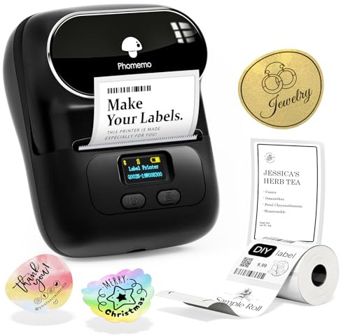 Phomemo M110 Etikettendrucker, Beschriftungsgerät Bluetooth für iOS & Android, Barcode Drucker Etikettiergerät für Kleidung, Schmuck, Einzelhandel, Haushalt, mit 1 Rolle 40x30mm Etikett