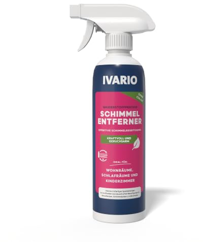 IVARIO Schimmelspray 500 ml ohne Chlor mit Wasserstoffperoxid | Schimmelentferner für schnelle und einfache Schimmelbeseitigung | Ideal für Wohn-, Schlaf-, Kinder- & Badezimmer l vegan