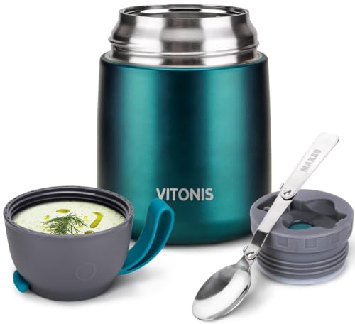 VITONIS Thermobehälter für Essen 500ml Edelstahl Isolierbehälter Gefäß für warme Speißen, Essen, Suppe, Isolierbehälter mit Löffel Thermo Gefäß, Grün
