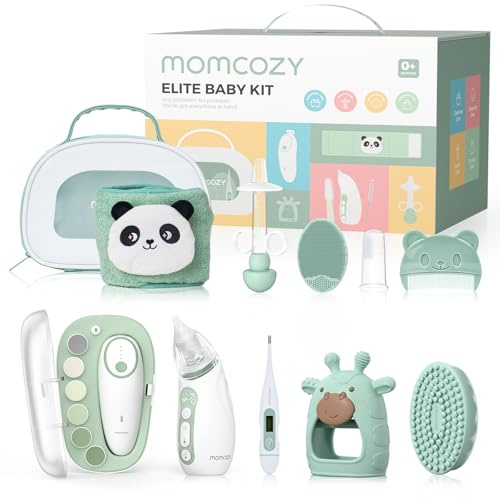Momcozy Elite Baby Kit Pflegesets, Premium Baby Shower & Erstausstattungs-Set, für Pflege & Gesundheit & Reinigung, Elektrische Nagelfeile & Nasensauger, Wärmegürtel, Thermometer, Badebürste, Beißring