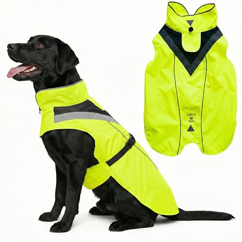 Wasserdichter Hunderegenmantel, reflektierenden Sicherheitsstreifen & Leinenöffnung – Leichte, Jacke für mittelgroße Hunde von Lautus Pets - XXL, Gelb