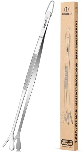 Doppelspitze Kochpinzette, doppelendige 2-in-1 professionelle Edelstahl-Küchenpinzette zum Kochen, Reparieren, Meeresfrüchte, Grillen, Dekorieren, Tierfüttern (30.5 CM, SILBER)