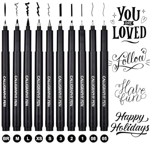 DealKits 10 Größe Kalligraphie Stifte Calligraphie Stifte Pinselstifte Schwarz Fineliner Handlettering Stifte für Schriftzug Anfänger Bullet Journal Tagebuch Unterschrift Zeichnung