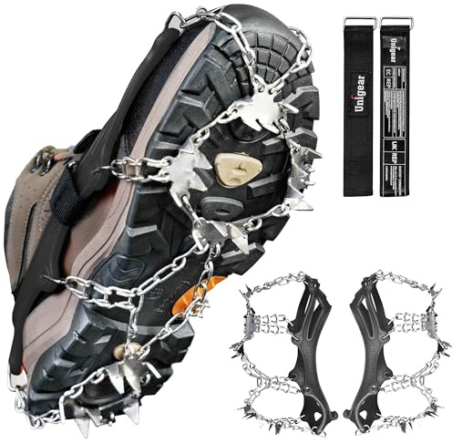 Unigear Steigeisen für Wanderschuhe, Grödel und Spikes für EIS, Schnee,24 Schuhspikes,Schneespikes, Eisstollen, Traktion mit Anti-Rutsch für Walking, Joggen, Klettern und Wandern