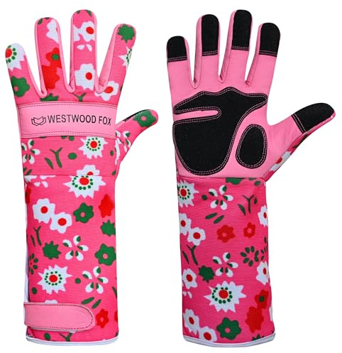 WESTWOOD FOX Leder Gartenhandschuhe Lange Unterarmschutz Ärmel dornsichere Arbeitshandschuhe Rose Beschneiden Garten Sicherheit Atmungsaktiv Langlebig Dicke Handflächenhandschuh (Rosa, L)