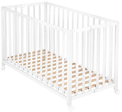 roba Klappbett Fold Up 60 x 120 - Klappbares Babybett aus Holz - 2-fach höhenverstellbar - Platzsparendes Gitterbett auf Rollen - Weiß
