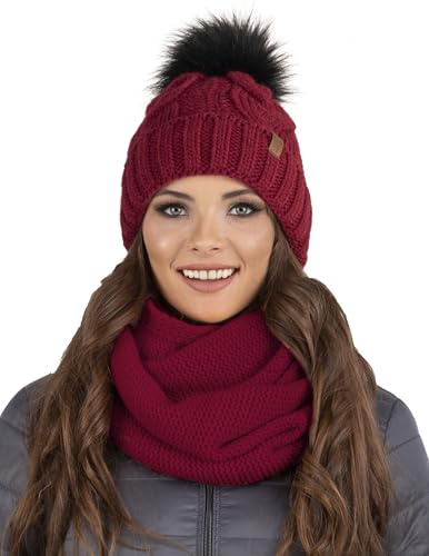 VIVISENCE Damen Bommelmütze Und Loop-Schal Mit Bommel Ideal Für Wintertage 7014, Weinrot,Einheitsgröße