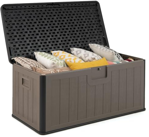 COSTWAY Gartenbox 378 L, Auflagenbox Wasserdicht für Garten mit Abschließbarem Deckel, Aufbewahrungsbox für Kissen & Gartengeräte, Kissenbox Outdoor für Terrasse, Balkon, Garten (Schwarz+Braun)