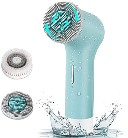 MYCARBON Elektrische Gesichtsreinigungsbürste IPX7 Wasserdicht Gesichtsbürste Wiederaufladbar 2500mAh USB-Akku Reinigungsbürste mit 2×360° Bürstenkopf für Hauttyps Exfoliation, Tiefenreinigung Blau