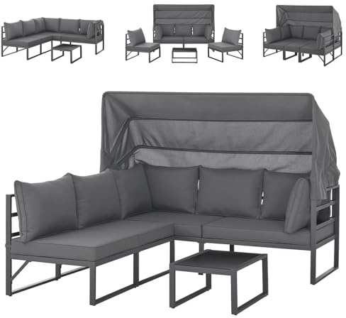 SVITA Maui Gartenmöbel-Lounge-Set mit Dach Outdoor-Sofa Strandkorb-Sonneninsel Stahl Grau