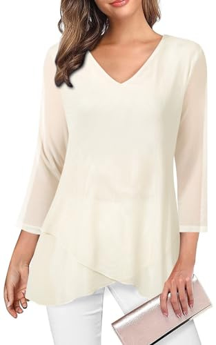 Adigaber Damen Mesh Blusen 3/4 Ärmel V-Ausschnitt Tuniken Oberteil | Locker, Asymmetrischer Saum, Doppellagig, Chiffon, Leicht, Fließend, Einfarbig, Casual, Bürobluse, Gemustert