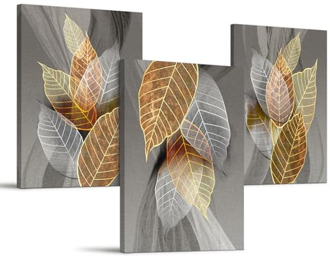 hyidecorart Bilder Schlafzimmer 30x40 cm 3er Set Wanddeko Gold Abstract Blätter, Modern Bilder mit Rahmen für Wohnzimmer Natur Kunstdruck Leinwandbilder für Flur küche Esszimmer Büro Villa Badezimmer