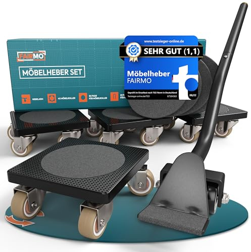 Der Innovative Möbelheber für schwere Möbel von FAIRMO - 4 Möbelroller und 1 Lastenheber (inkl. Anti RUTSCH Pads) - Schonende Transportrollen aus TPE (Standard: Ohne Bremsen)
