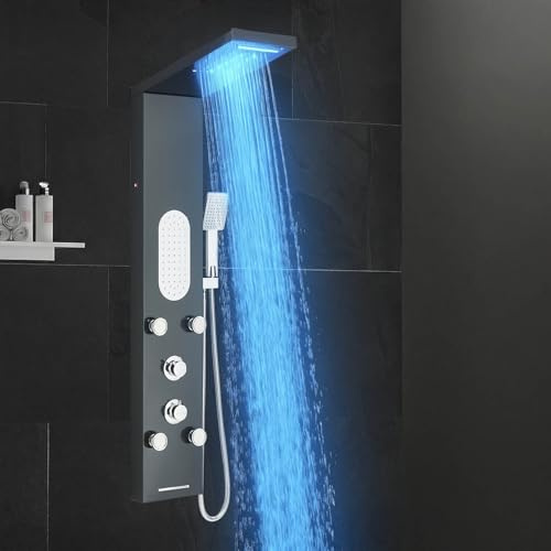 llffssdg LED-Duschpaneel aus Edelstahl mit Wasserhahn, 5 Wasserausgangsmodi, Regendusche, 2 Rückenmassage, Badewannenausgang, Duschsystem Duschpaneele System Schwarz