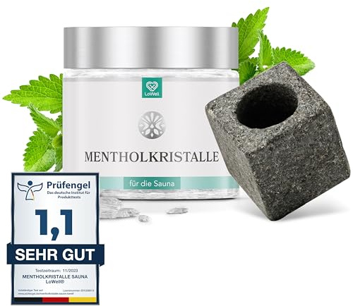 LoWell® - Sauna Set Mentholkristalle 100g + Aufgussstein - Ideale Kombination - Tolles Geschenk-Set - Menthol Kristalle Sauna