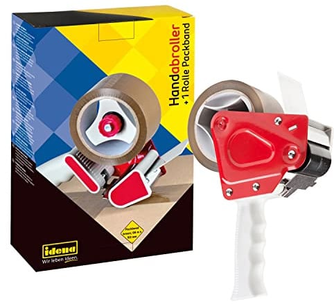 Idena 631049 - Paketbandabroller Set, Handabroller für 66 m x 50 mm Packband, inkl. 1 Rolle geräuscharmes Packband, braun