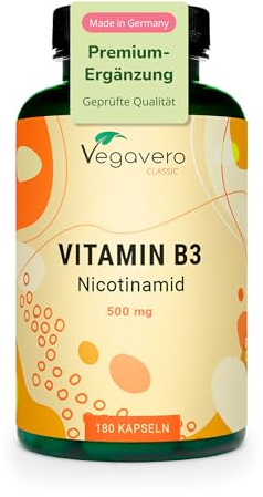 Vitamin B3 Niacin | Hochdosiert: 500 mg Nicotinamid | 180 Kapseln - 6 Monatsvorrat | Haut - Nerven - Energie* | Flushfree | Laborgeprüft | Vegan - Ohne Zusatzstoffe | Deutsche Produktion von Vegavero