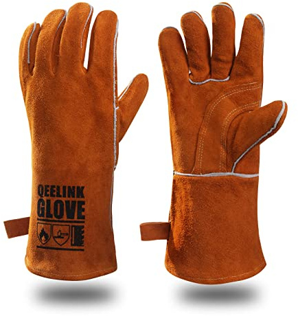 QeeLink Schweißhandschuhe Hitzebeständig Leder für Kamin/Grill/Gartenarbeit | Gefüttert, Leder, feuerfeste Nähte, für Schweißer/Kamine/Grill/Gartenarbeit