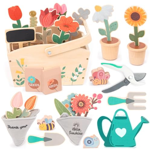 umu® Garten-Set aus Holz für Kinder mit Zubehör - Gartenspielzeug für Kinder, Gartengeräte-Set für Mädchen und Jungen, Gießkanne, Schaufel, Harke - Lernspielzeug ab 2 3 4 5 6 Jahren
