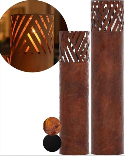 BENTSON Windlichtsäule I 2er Set I Deko-Säule für Garten im Rost Industrial Design I Garten Windlicht für draußen und drinnen I Rost Laterne inklusive Kerzen I Streifen I 95cm + 75cm