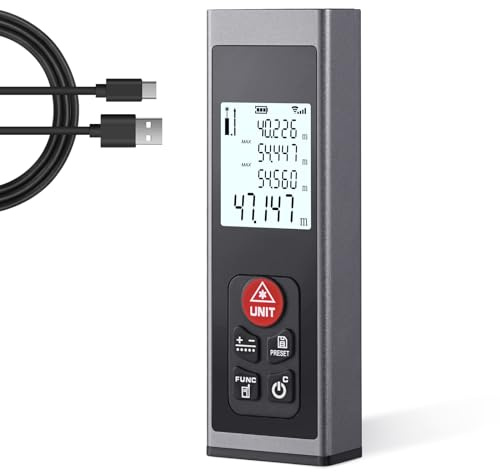 HYCHIKA Laser Entfernungsmesser, Laser Messgerät Typ-C Wiederaufladbar 60M mit LCD Hintergrundbeleuchtung M/Ft/In, Mit Mehreren Messmodi Wie Pythagoras/Abstand/Fläche/Volumen Messungen