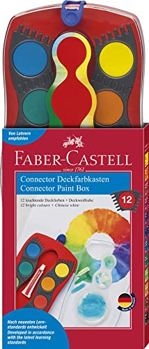 FABER-CASTELL - Wasserfarbkasten Connector 12 Farben Rot | Inkl. Deckweiß, Pinselfach und Namensfeld, Farben miteinander steckbar