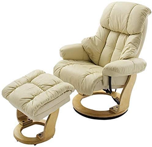 Robas Lund Relaxsessel Calgary mit Hocker, bis 130 kg belastbar, drehbarer Fernsehsessel mit Liegefunktion, Echtleder creme, Gestell Holz natur